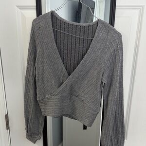 Zaful Charcoal V-Neck Ribbed Blouse